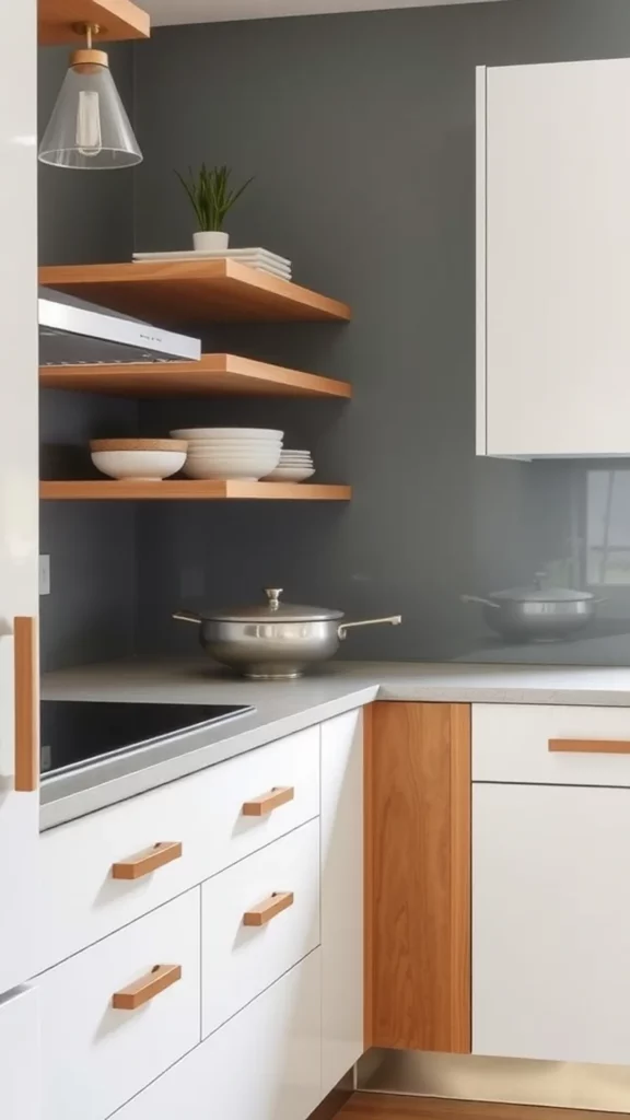 A modern kitchen corner featuring light-colored cabinets, gold-toned handles, and a dark tiled backsplash.