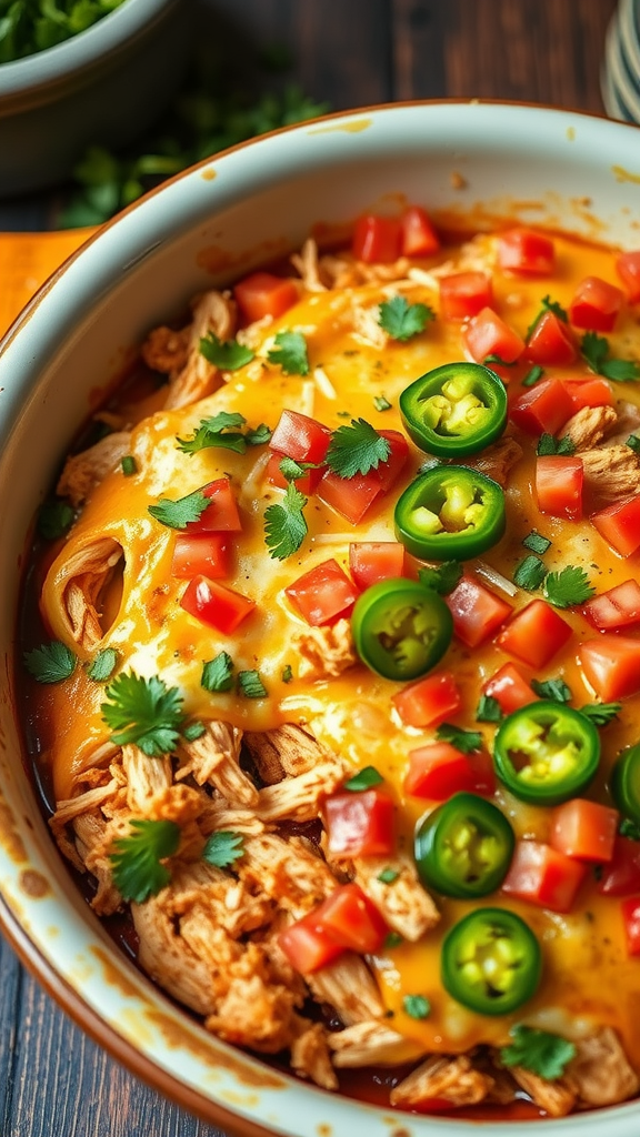 A delicious shredded Mexican chicken casserole topped with cheese, tomatoes, jalapenos, and cilantro.