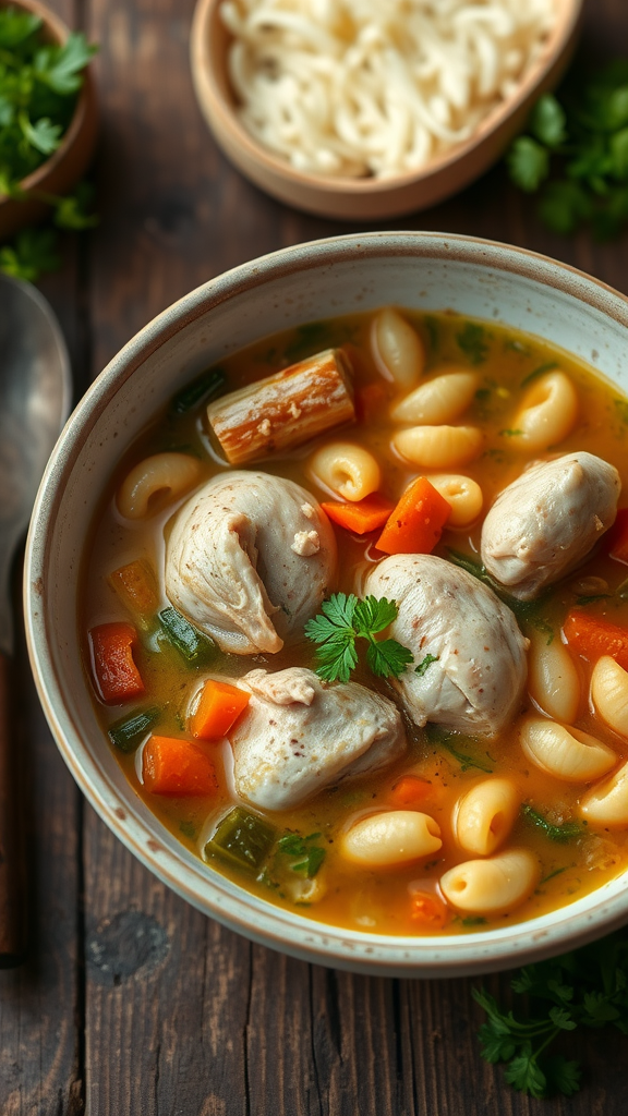 A bowl of Sicilian Chicken Soup with chicken, pasta, and vegetables.