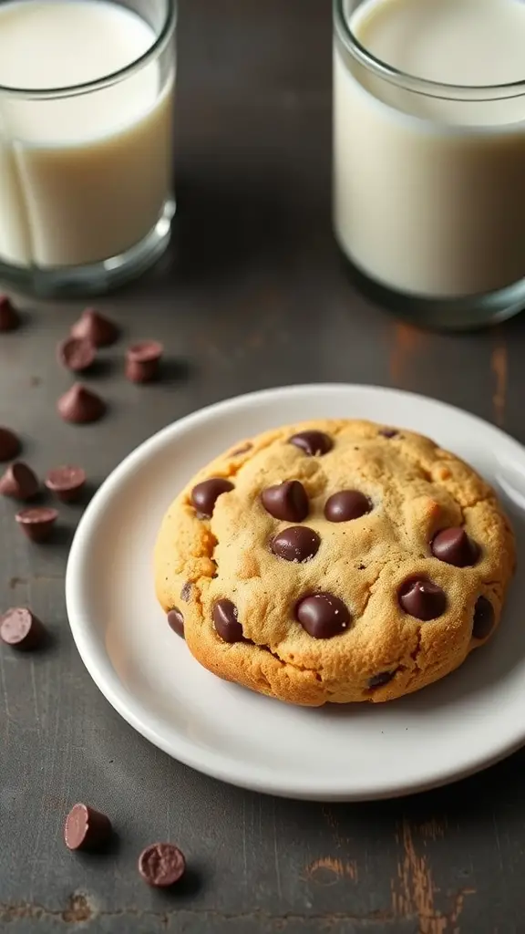 A freshly baked chocolate chip protein cookie on a plate, surrounded by chocolate chips and two glasses of milk.