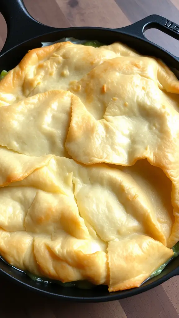 A freshly baked Skillet Chicken Pot Pie with a golden crust.