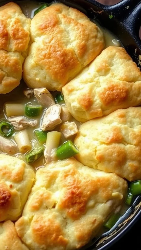 A close-up of a skillet chicken pot pie topped with biscuit dough, featuring chicken and green onions in a creamy sauce.