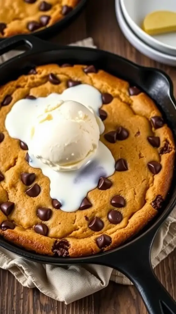 Warm skillet chocolate chip cookie with a scoop of vanilla ice cream on top.