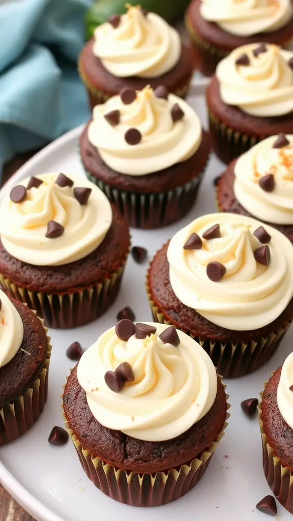 A plate of chocolate zucchini cupcakes with cream cheese frosting and chocolate chips on top.