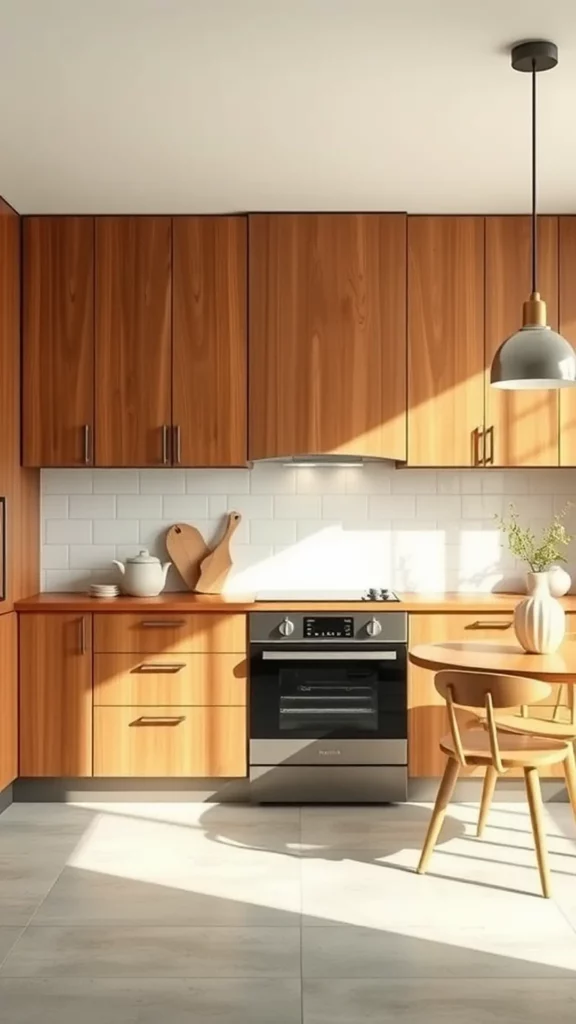 A modern kitchen with sleek wood cabinetry, a stove, and a dining table.