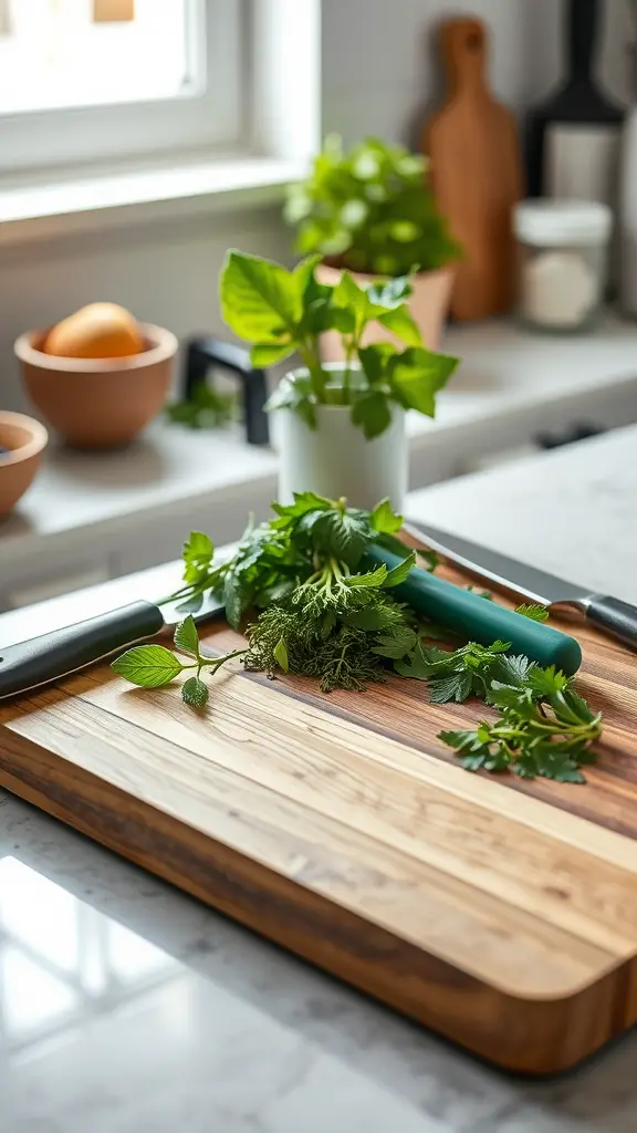 A sleek wooden cutting board with fresh herbs and knives on a kitchen countertop.