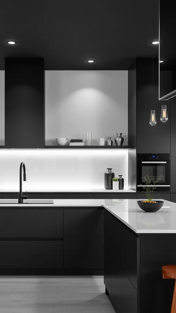 A minimalist kitchen featuring black cabinetry, white countertop, and modern decor.