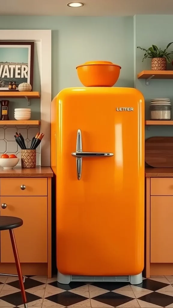 A bright green retro refrigerator next to a bold red one in a stylish kitchen setting.