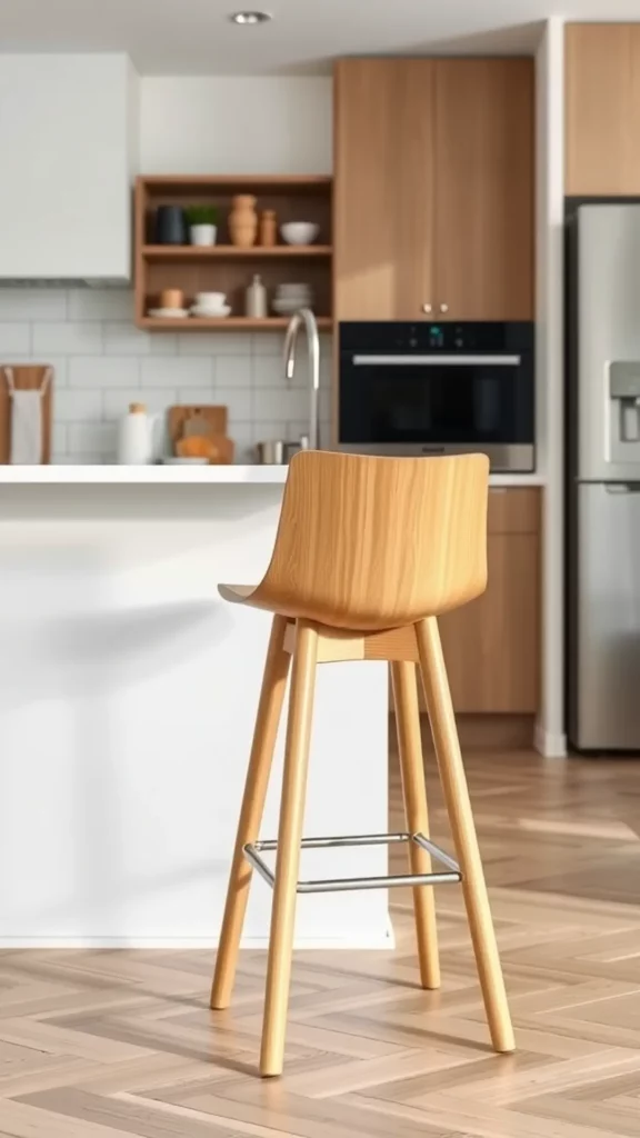 A sleek Scandinavian bar stool made of wood, positioned near a modern kitchen island.