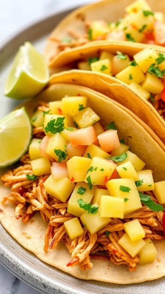 Slow cooker chicken tacos topped with pineapple salsa and lime wedges