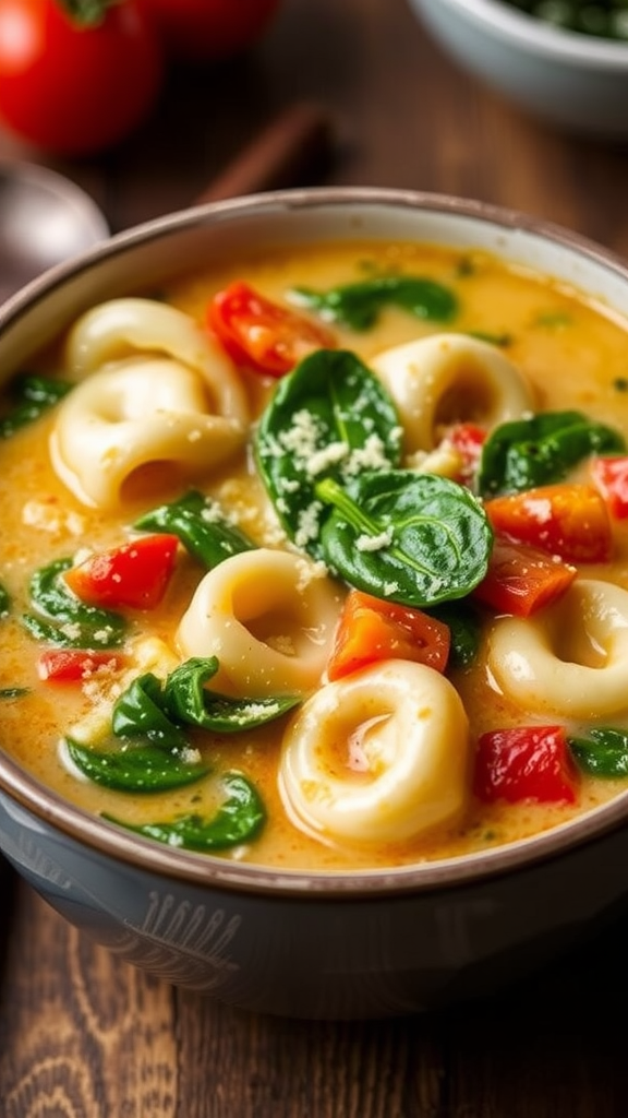 Bowl of creamy tortellini soup with spinach and tomatoes