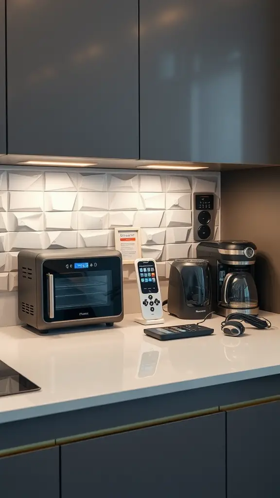 A modern kitchen countertop with various smart appliances including a microwave, kettle, and a tablet.