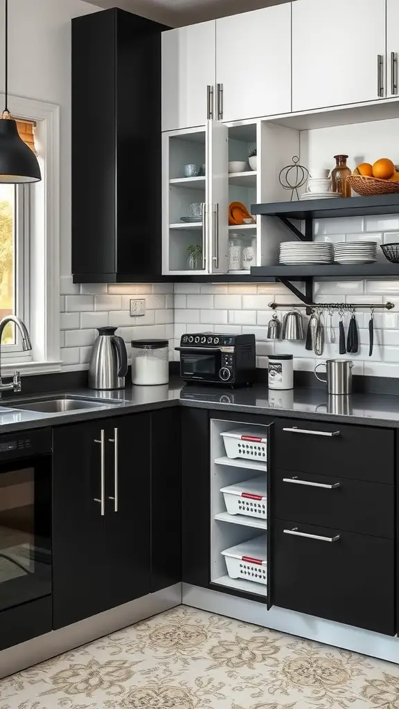 A modern kitchen with black and white cabinets, open shelving, and organized storage baskets.