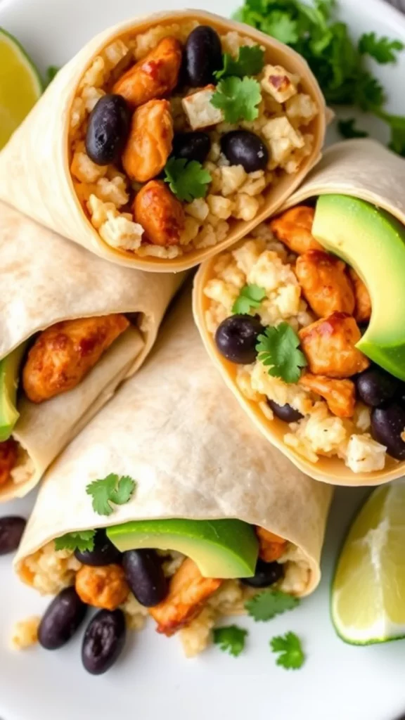 Delicious smoky chipotle chicken burritos with black beans and avocado slices.