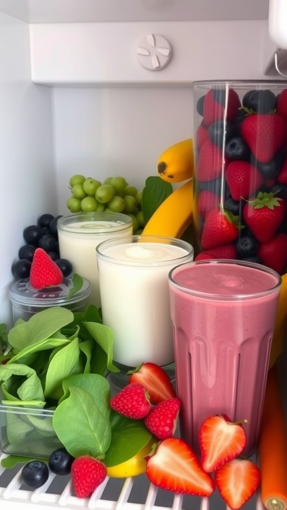 A variety of smoothie ingredients in a fridge, including fruits, yogurt, and greens.