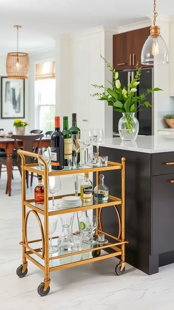 A sophisticated bar cart featuring a golden frame, assorted bottles of wine and spirits, elegant glassware, and fresh flowers in a vase.