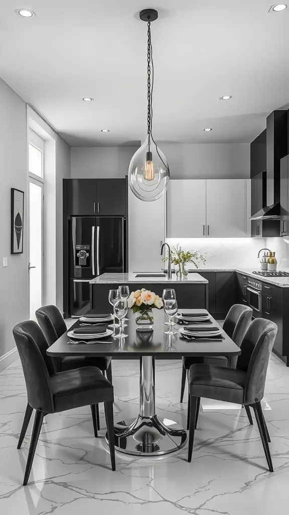 A modern dining area with a sleek table, plush chairs, and stylish lighting.