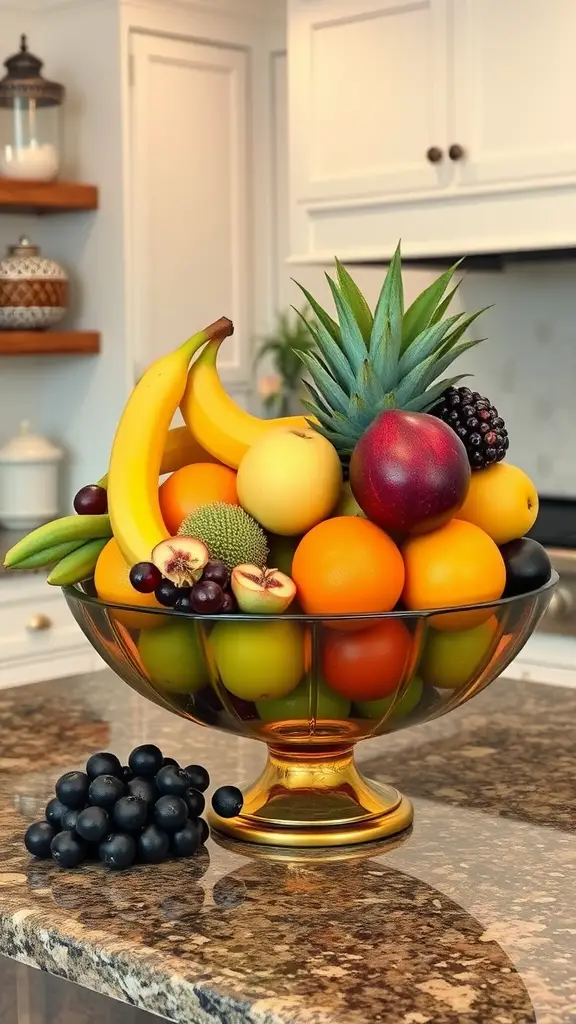 A sophisticated fruit bowl centerpiece filled with various fruits on a kitchen counter.