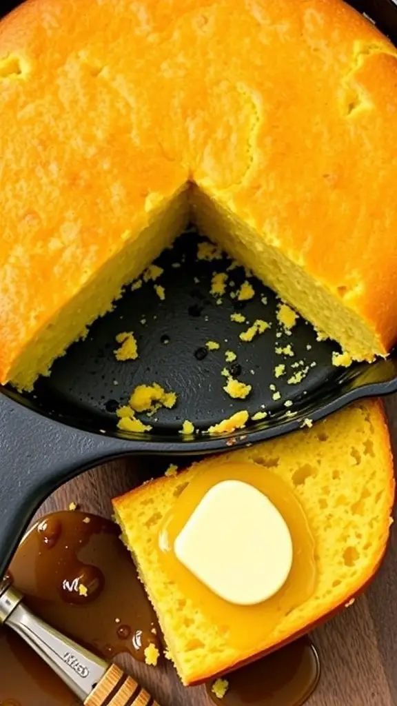 A freshly baked cornbread in a cast iron skillet with a slice cut out, butter melting on top, and a drizzle of honey.