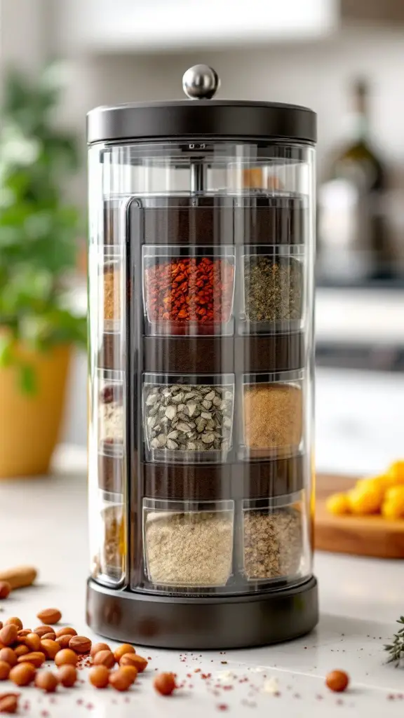 A rotating spice dispenser filled with various spices, set on a kitchen countertop.