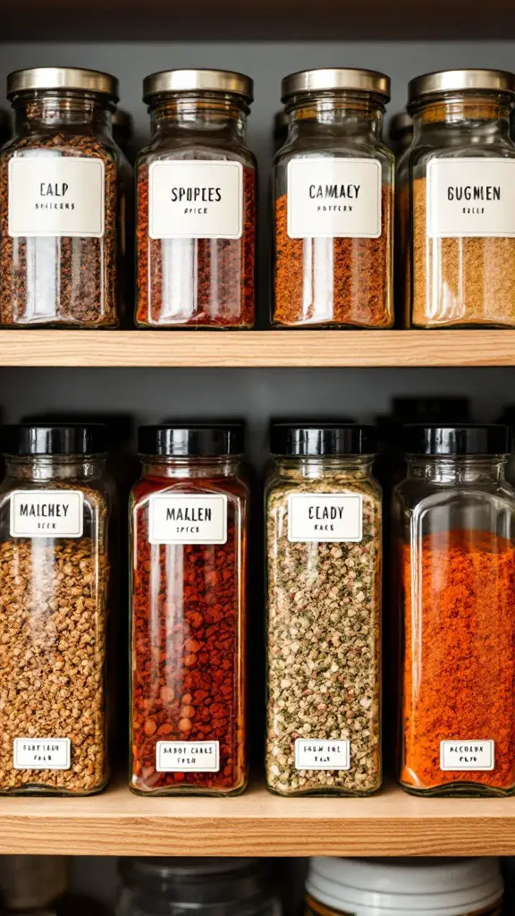 A neatly organized shelf of spice jars with labels