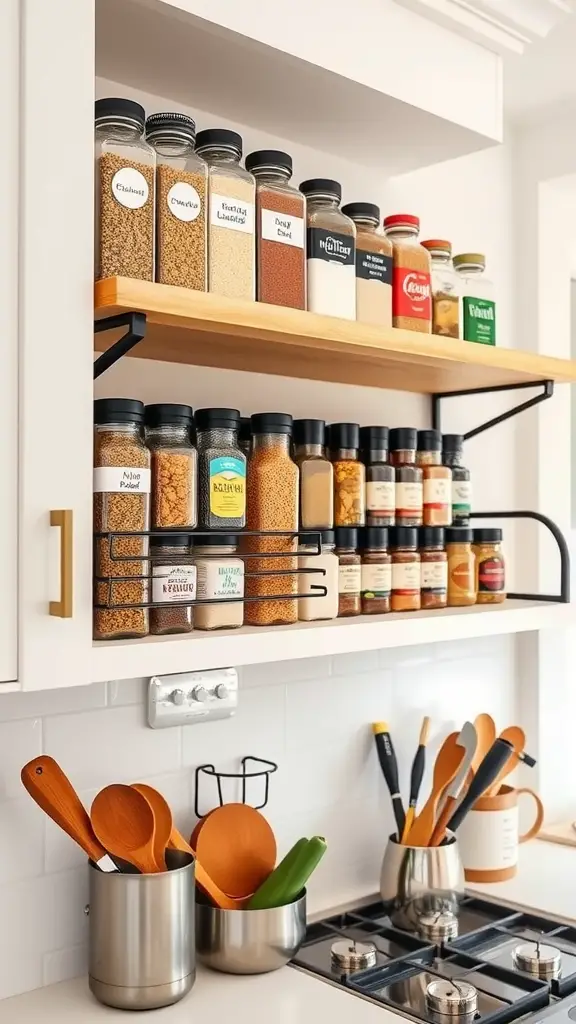 A neatly organized spice rack with clear containers, showcasing various spices and cooking utensils.