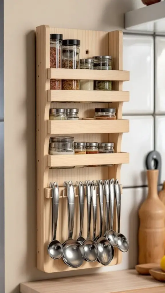 Wooden spice rack with clear jars and built-in measuring spoons.