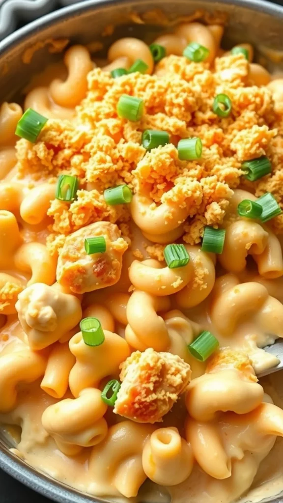 A close-up of a creamy Spicy Buffalo Chicken Mac and Cheese topped with green onions and crispy bits.