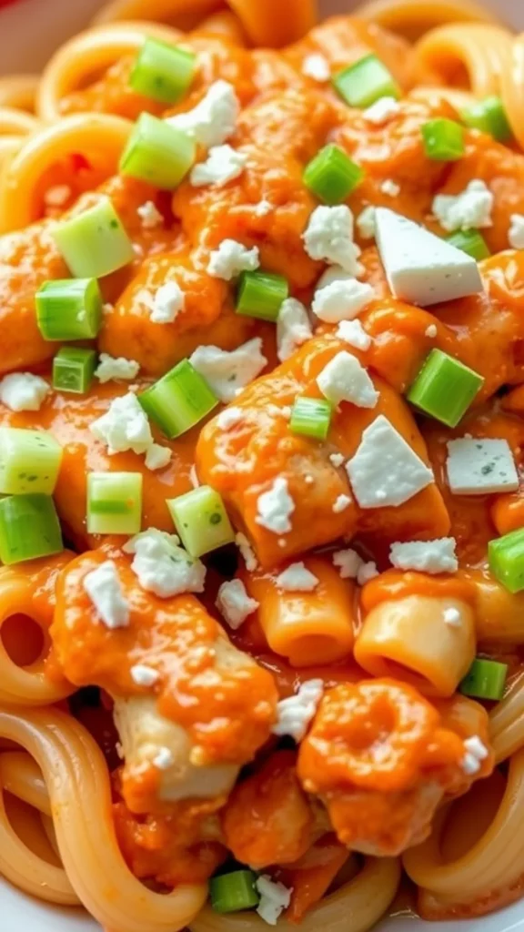 A close-up of spicy buffalo chicken pasta topped with green onions and feta cheese.