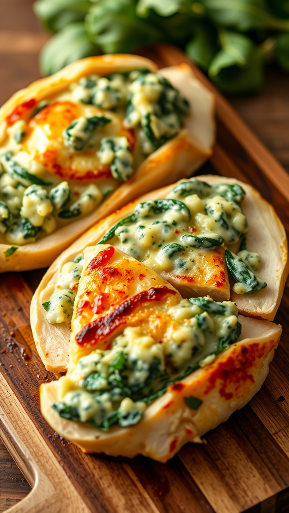 Two halves of spinach stuffed chicken on a wooden cutting board.