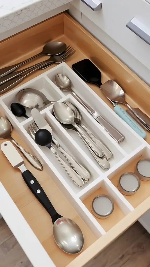 Neatly organized kitchen drawer with spoons, spatula, and measuring spoons in white organizers.