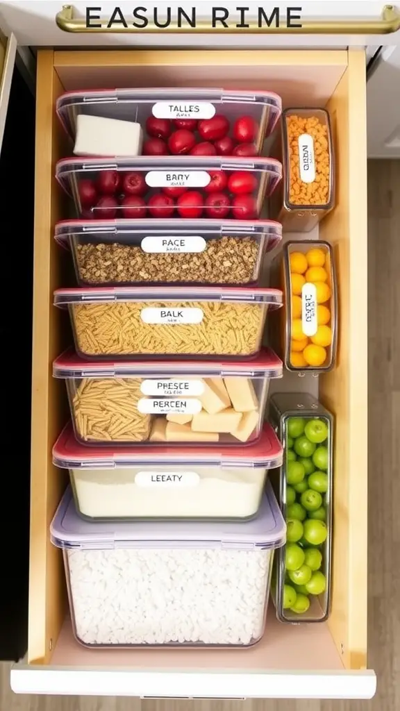 Organized stackable containers in a kitchen drawer filled with various ingredients.