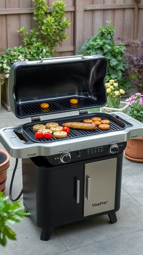 An electric grill with chicken and vegetables cooking, featuring flames and a thermometer on the lid.