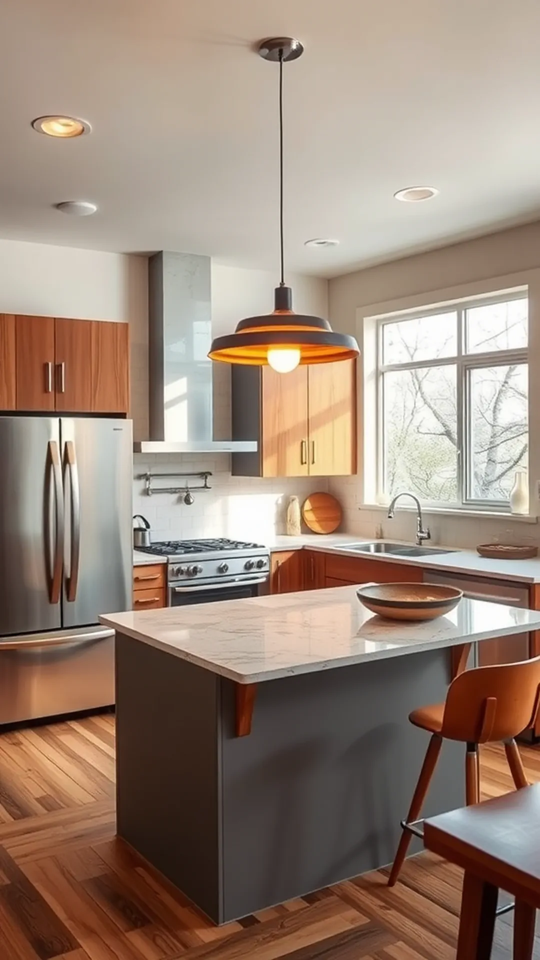 Modern kitchen featuring a large pendant light fixture over the island, with wooden cabinetry and stainless steel appliances.