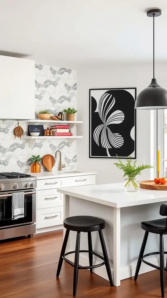 Modern kitchen featuring bold black and white wall art against light cabinetry and wooden accents