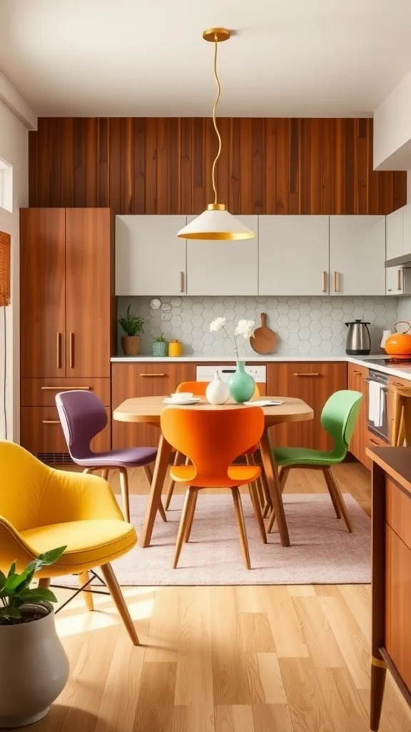 A modern dining area featuring a round table with colorful chairs, bright orange cabinets, and a large window.