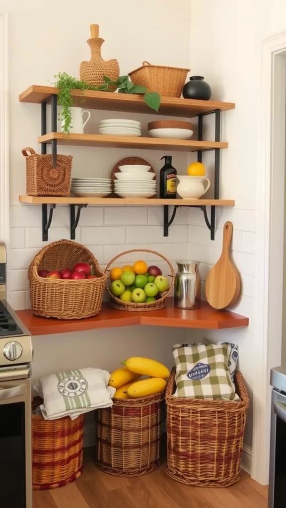 Cozy kitchen corner with wooden shelves displaying dishes and various baskets for storage.