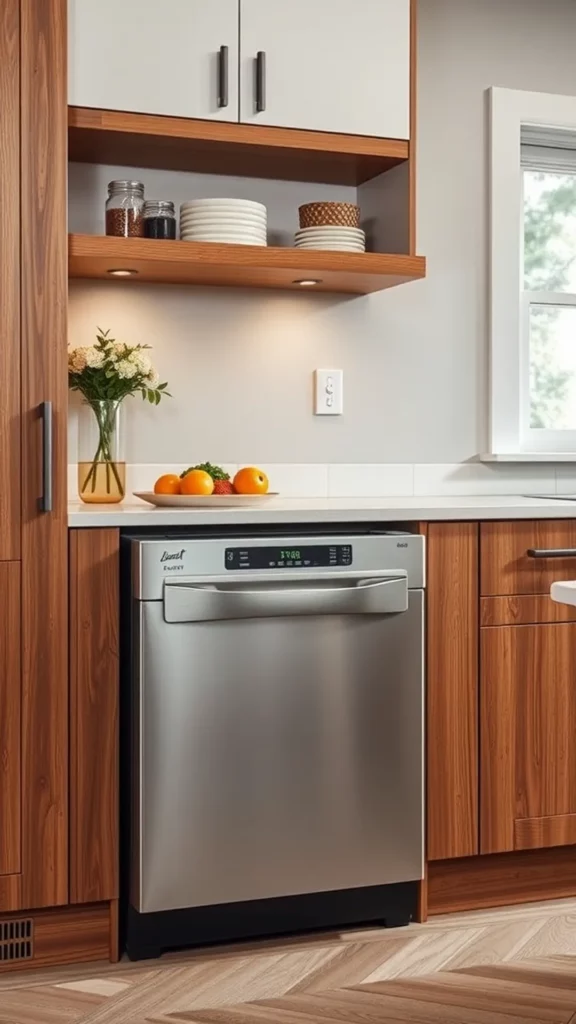 A modern stainless-steel dishwasher in a wooden kitchen with fruits and flowers on display.