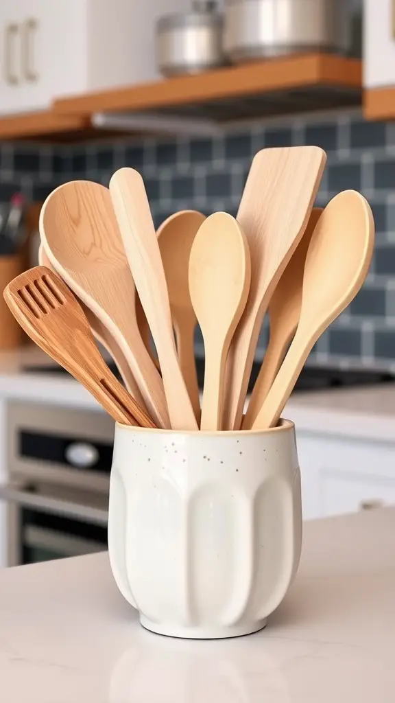 A stylish white kitchen utensil holder filled with wooden cooking tools.