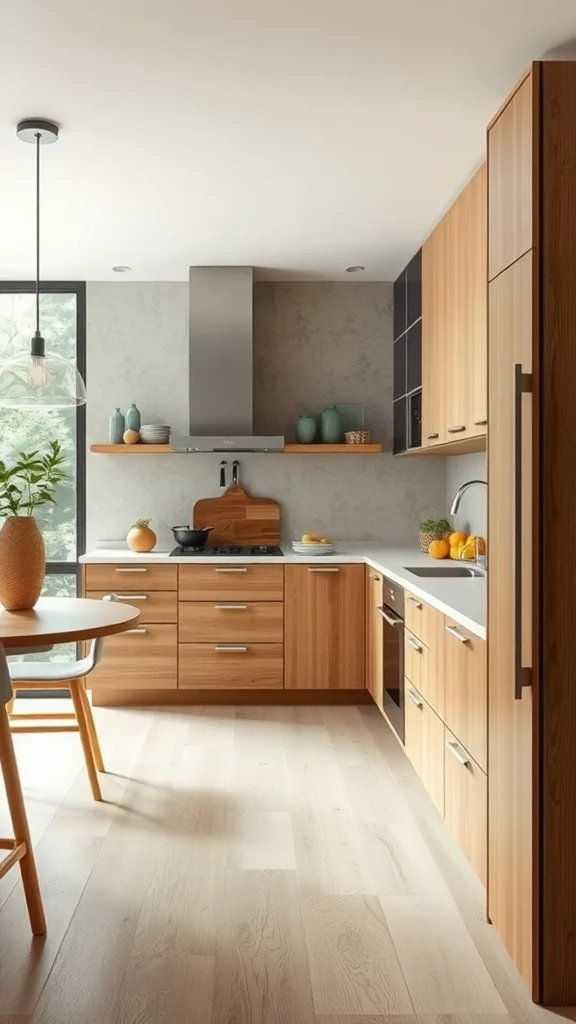 A modern kitchen featuring wooden cabinets, a round dining table, and natural light.