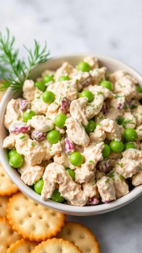 Bowl of Sweet Pea and Dill Tuna Salad with crackers