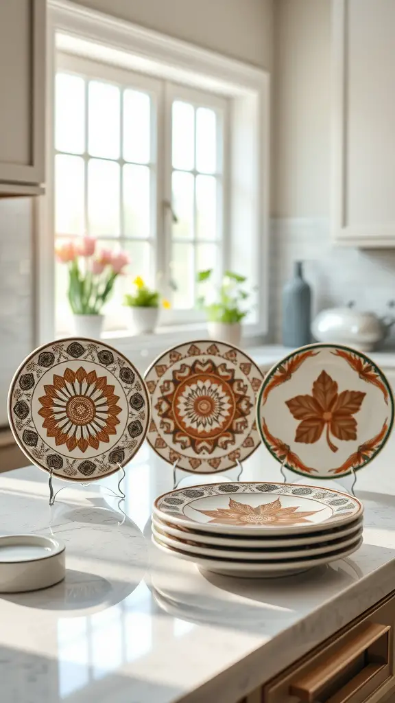 Beautifully designed decorative plates with floral patterns arranged on a kitchen counter.