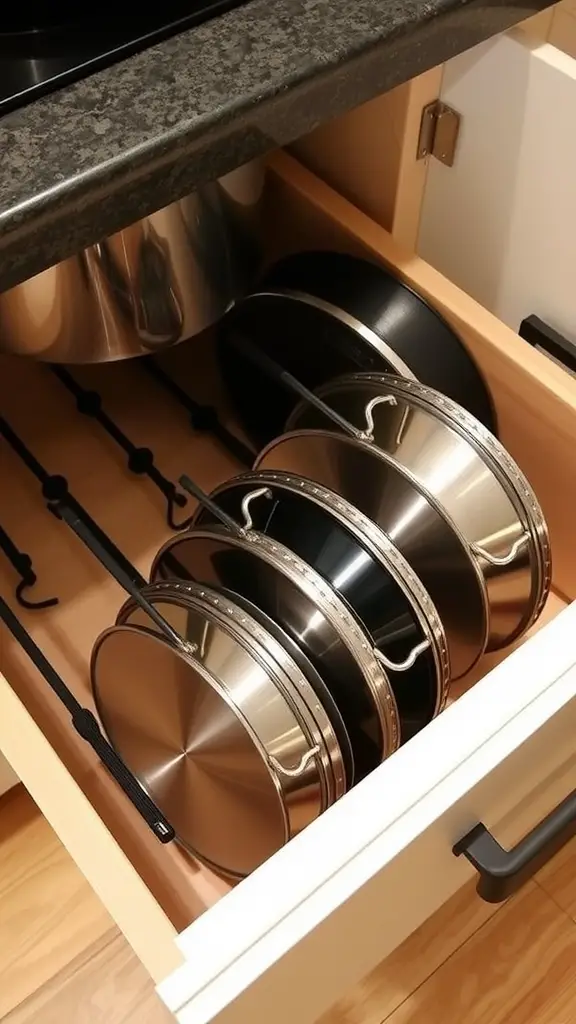 A drawer with pot lids organized using tension rods.