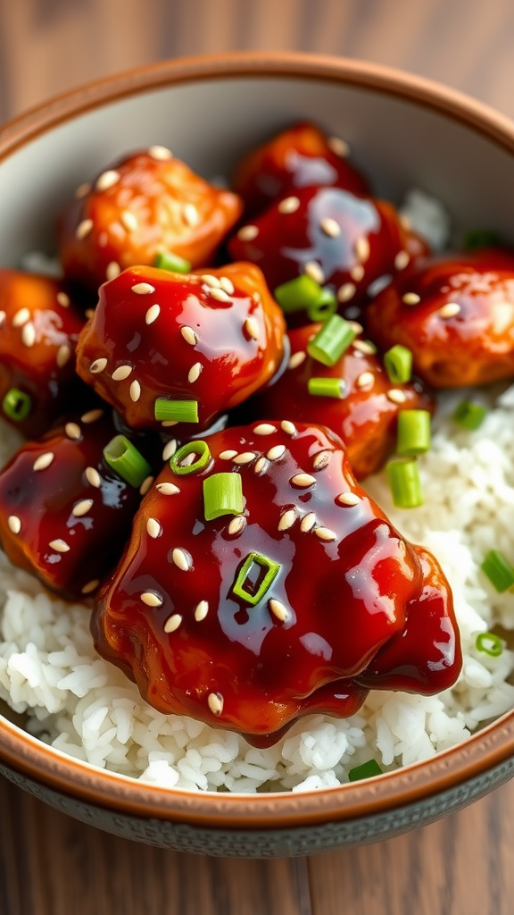 Delicious teriyaki chicken on a bed of rice, garnished with sesame seeds and green onions.