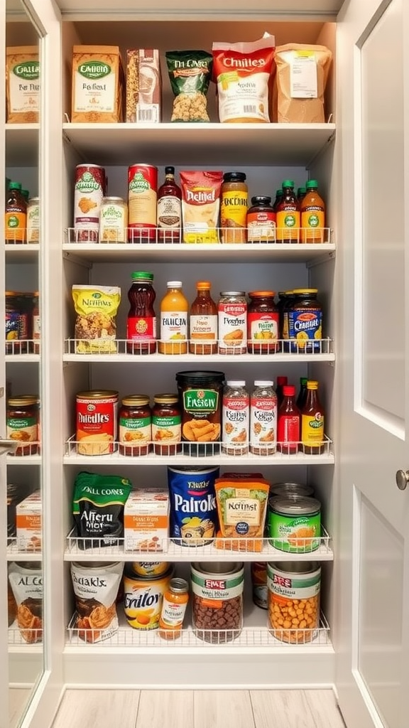 Organized pantry with tiered shelving showing various food items