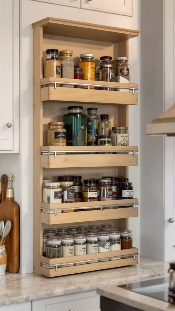 A wooden tiered spice rack filled with various spice jars, displayed in a modern kitchen.