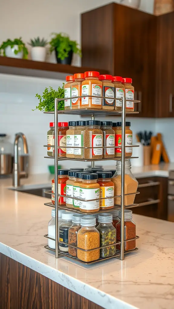 A tiered spice rack displaying various jars of spices in a modern kitchen.