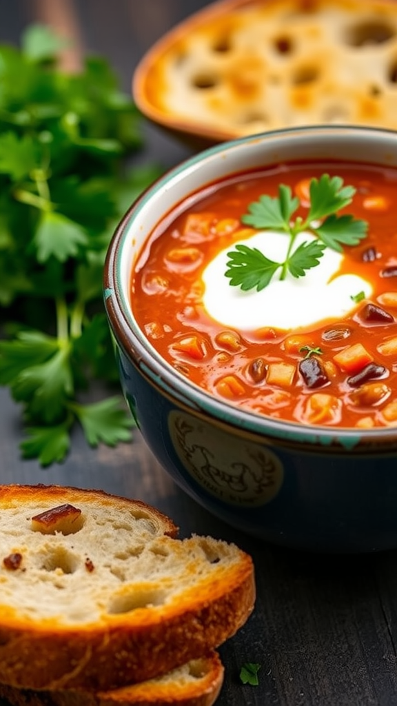 A bowl of tomato lentil soup with a spoonful of sour cream on top, garnished with cilantro, accompanied by slices of bread.