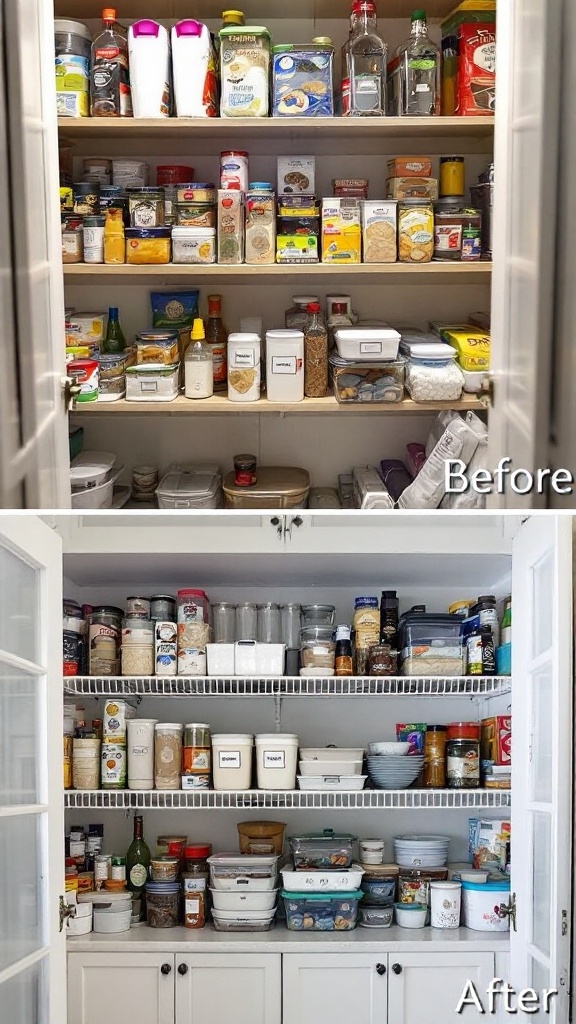 Before and after images of a pantry transformation, showcasing an organized space.