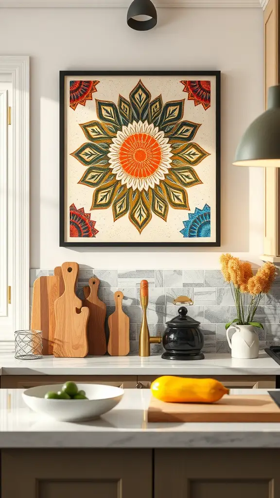 Colorful floral wall art in a modern kitchen, featuring orange, green, and blue patterns.